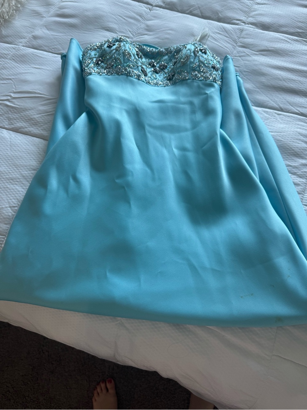 Aqua Strapless Beaded Bodice Evening Dress